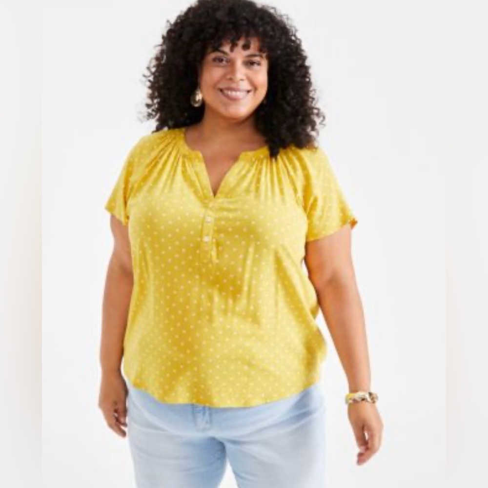 EUC Style & Co. Yellow Flutter Sleeve Dotted Relaxed Fit Cotton Blouse Sz L